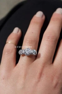 14K White Gold 2 CT Bezel Set Round Cut Moissanite Three Stone Engagement Ring - Picture 1 of 7