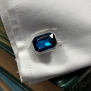 New Kashmir Blue Emerald Cut Glass Gemstone cufflinks stainless steel LL-215 - Picture 1 of 4