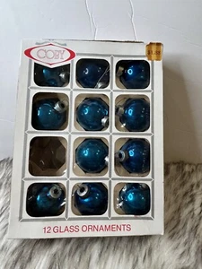 Vintage Box (11) COBY  Shiny Blue Glass 2” Christmas Tree Ornaments Made In USA - Picture 1 of 14