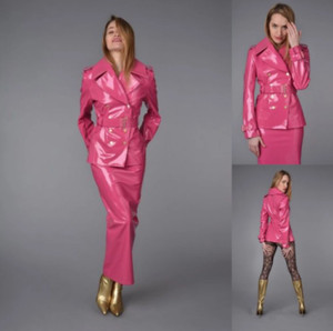 Leisure Pink Leather Women Blazer Dress Suits Slim Fit Wedding Wear 2 Pieces