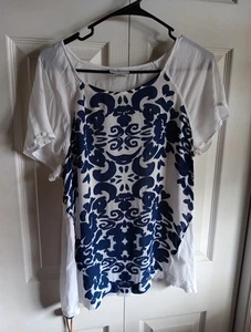 Blusa Liz Claiborne in garza trasparente bianca e blu top busto 22” lunghezza 23” taglia large - Foto 1 di 6