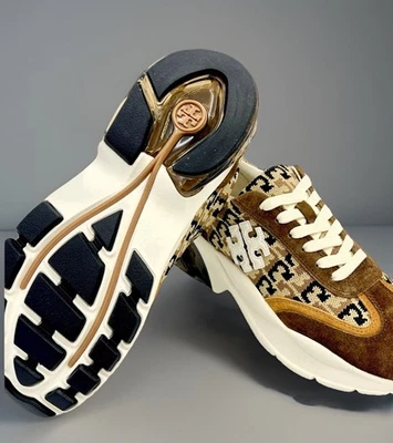 TORY BURCH GOOD LUCK SNEAKER TRAINER T LOGO KNIT/NEW CREAM/CHESTNUT SZ 8.5 NIB - Image 1 of 4