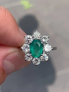 Platinum diamond 1.70ct natural emerald 1.20ct cluster ring 5.1 grams - Picture 1 of 7