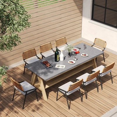 9PC Mid-Century Modern Outdoor Dining Set w/ Quartz Table & Rattan Chairs - Image 1 of 4