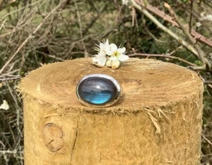 Naturale Pietra Labradorite Con 14K Placcato Oro Bianco Argento Anello per Men - Foto 1 di 14