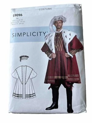 Simplicity S9096 Sewing Pattern Men's Renaissance Tudor HenryVIII Coat Hat 34-42 - Image 1 of 2