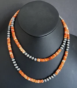 Long Sterling Silver Orange Spiny Oyster W Pearls Bead Necklace. 36 inch - Picture 1 of 12