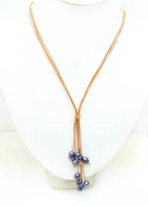 10-11mm Rice Natural Black Pearl Pendant Necklace Leather 4 Strands Long 32" - Picture 1 of 5