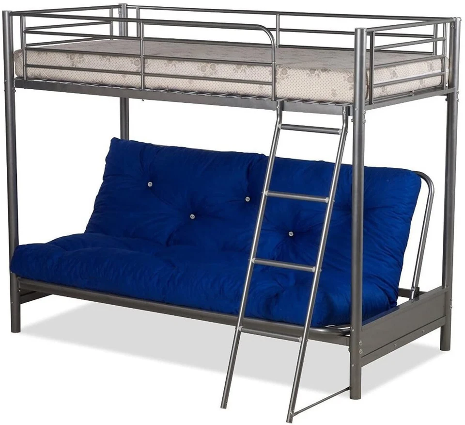 Space-Saving Metal Futon Bunk Bed - 3FT Top & 4FT6 Bottom - Sleek Silver - Image 1 of 1