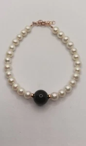 BRACCIALE PERLE ACQUA DOLCE ONICE NERA EMATITE ARGENTO RAMATO CM 17-19 EXPLOIT - Foto 1 di 4