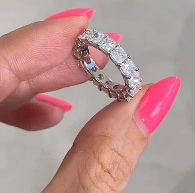 14k White Gold Plated 3Ct Cushion Cut Lab-Created Diamond Eternity Wedding Band - Image 1 of 4