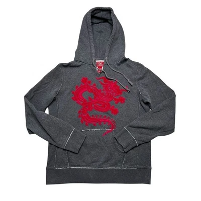 Moletom com capuz vintage Lucky Brand feminino grande cinza/vermelho bordado dragão Y2k  - Imagem 1 de 4