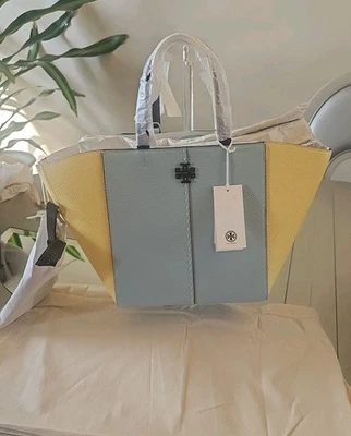 全新带标签 Tory Burch MCGRAW COLORBLOCK CARRYALL *海泡/复古柠檬 #1475 — 第 1/4 张图片