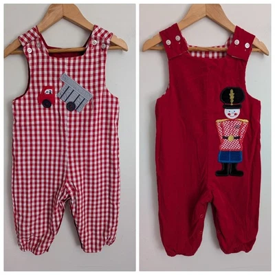 Vtg Bailey Boys 12 mo Reversible Overall Romper Red Check Corduroy Nutcracker  - Image 1 of 4