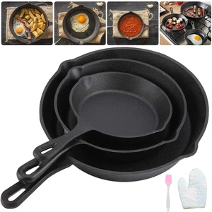 3ER SET GUSSEISEN-PFANNE PFANNENSET BRATPFANNE AUSGUSS GRILL 16/21/26CM DE - Bild 1 von 11