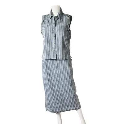 Vintage Vest and Midi Skirt Set Blue Cream Striped Cotton Womens Size Small 10 - Image 1 of 4