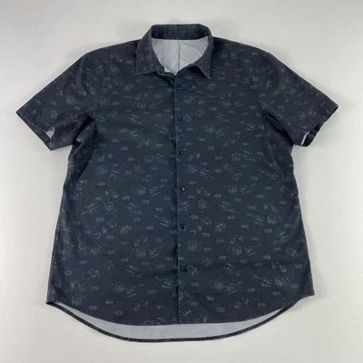 Lululemon Commission Short Sleeve Shirt Mens L Black Grid Button Up Tech Stretch - Image 1 of 4