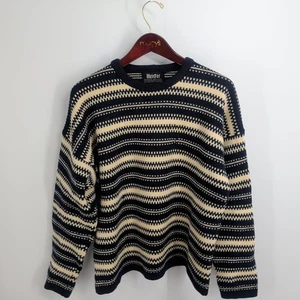 Vintage Meister Striped Textured Pure Wool Drop Sholder Sweater Black Cream - Picture 1 of 7