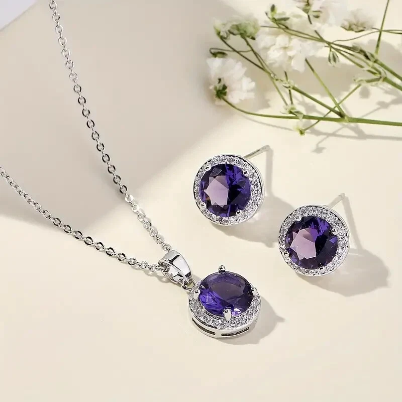 Juego de collar/pendientes redondos de amatista creados en laboratorio cadena de caja chapada en oro blanco de 14 k Foto 1 de 4