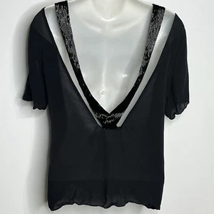 Parker Blouse Womens XS Silk Black Short Sleeve Beaded Cutout Back Sexy Party - Picture 1 of 11