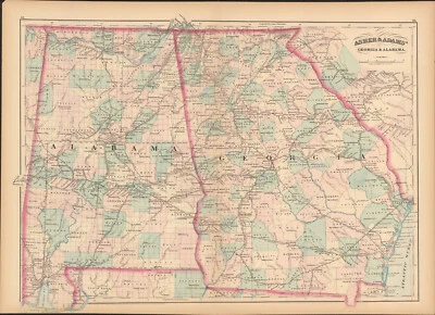 1872 Asher & Adams Georgia & Alabama antique map 24.4" x 17.5" nice color - Image 1 of 4