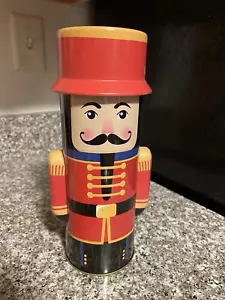 Christmas Nutcracker Toy Soldier Tin Container Canister Cylinder Red Round - Picture 1 of 16