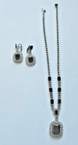 Vintage rhinestone black stone necklace clip dangle earrings Set - Picture 1 of 5