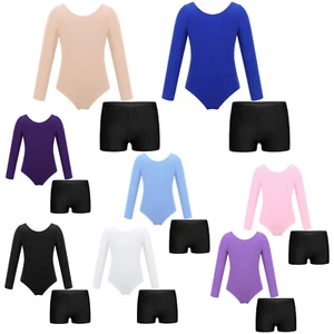 Kids Girls Activewear Set Long Sleeve Leotard With V-front Waistband Shorts - Picture 1 of 81