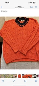 Barneys Golf MENS XL V Neck Rib Cable Knit Orange Navy Sweater Made In Italy - Picture 1 of 7