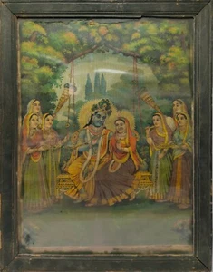 Vintage Hindu Deities Krishna Radha On A Swing Lithograph Print Framed 16 x 16" - Picture 1 of 6