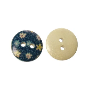 Sexy Sparkles 10 Pcs Round Wood Buttons Painted Blue Flower Pattern 15mm - Picture 1 of 3