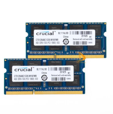 8GB Crucial 2Stck 4GB 2RX8 PC3-10600S DDR3 1333Mhz Laptop-Speicher RAM SODIMM @h - Bild 1 von 4