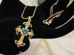 Sky Blue Sapphire Cross Pendant, w Fine White Topaz set in 18KGP * w Gift Box * - Picture 1 of 8