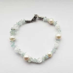 Delicate Bracelet with Natural River Pearls Snow Quartz Blue Quartz Clasp - Picture 1 of 7