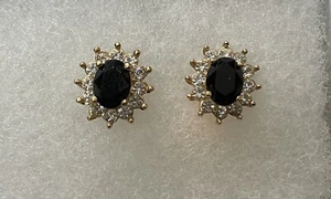 Vintage Signed Roman Gold Tone Black Oval & CZ Rhinestone Pierced Post Earrings - Picture 1 of 4