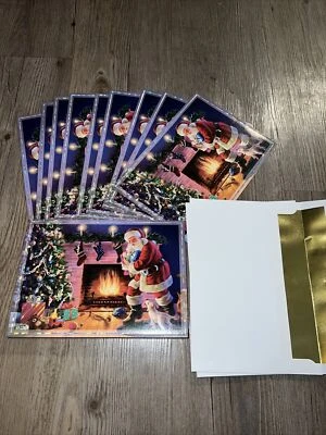 10 Christmas Greeting Cards Santa Tree Gold Foil Lined Envelopes Vintage Magic - Image 1 of 4