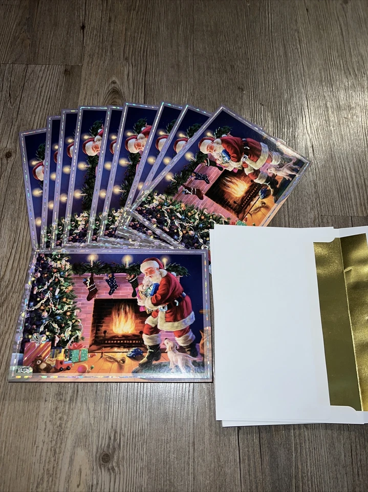 10 Christmas Greeting Cards Santa Tree Gold Foil Lined Envelopes Vintage Magic - Image 1 of 4