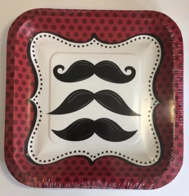 Mustache Madness Cocktail / Dessert Plates Red Black Birthday Party Event 8/p - Image 1 of 4