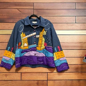 Vtg Kaktus USA Art to Wear Denim Jacket Applique Design Cotton Mix  Size 2 XL 💕 - Picture 1 of 8