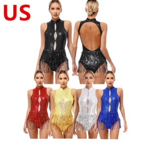 Women's Sequined Tassel Latin Costume Fringed Bodysuit Lyrical Dance Leotard - Picture 1 of 58