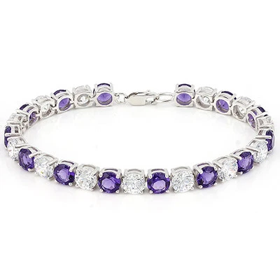 34 克拉 TW CREATED AMETHYST & CZ 925 纯银网球手链 7 英寸 — 第 1/2 张图片