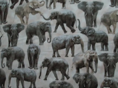 ELEPHANT REALISTIC ELEPHANTS CREAM COTTON FABRIC FQ  - Image 1 of 4