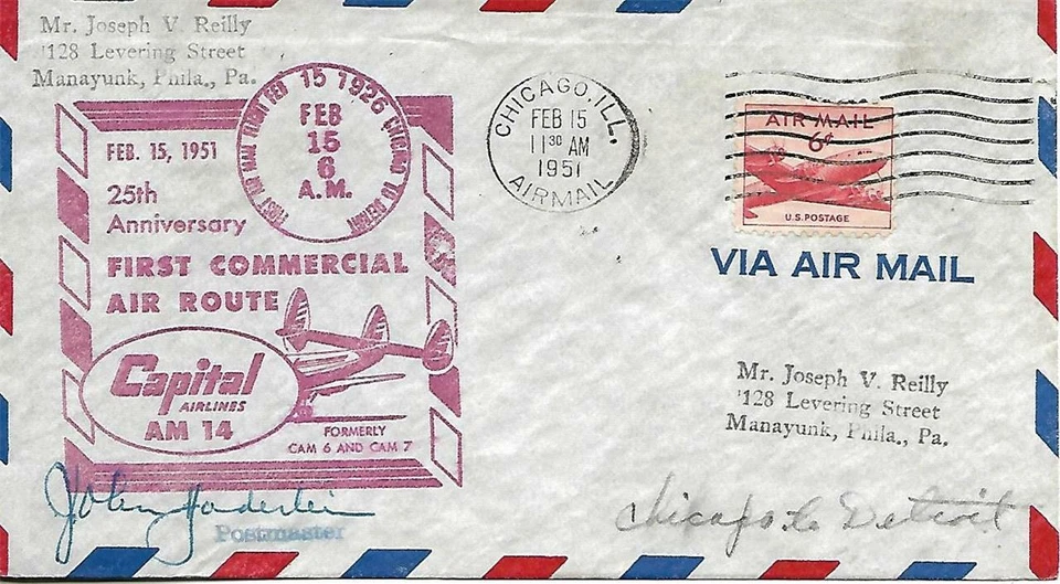 25th Anniversary 1st Commercial Air Route Capital Airlines Feb 15 1951 Chicago - Image 1 of 1