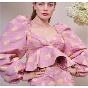 Dream Sister Jane Top Seed Metallic Jacquard Puff Sleeve Crop Pink Women Large - Picture 1 of 13