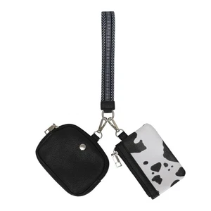 Lotile Mini Cremallera Alrededor Doble Bolsa Muñequera Billetera Vaca Prit Cuero PU Llavero - Imagen 1 de 7