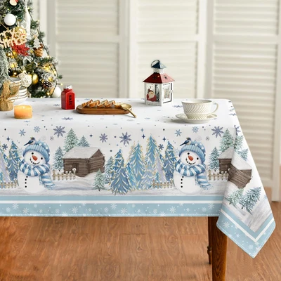 Blau Schneemann Bäume Holzhaus Weihnachten Tischdecke 140x160 cm, Winter Flecksc - Bild 1 von 4