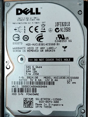 Dell 147GB 10K RPM 2.5" SAS HDD – 0T855K / HUC103014CSS600 (Enterprise HDD) - Image 1 of 2