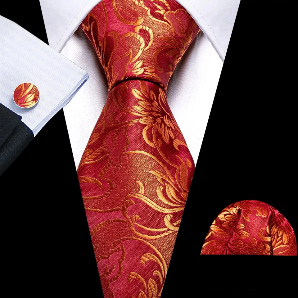 ITALIAN DESIGNER Red Orange Floral Silk TIE HANKY & CUFFLINKS - Image 1 of 1