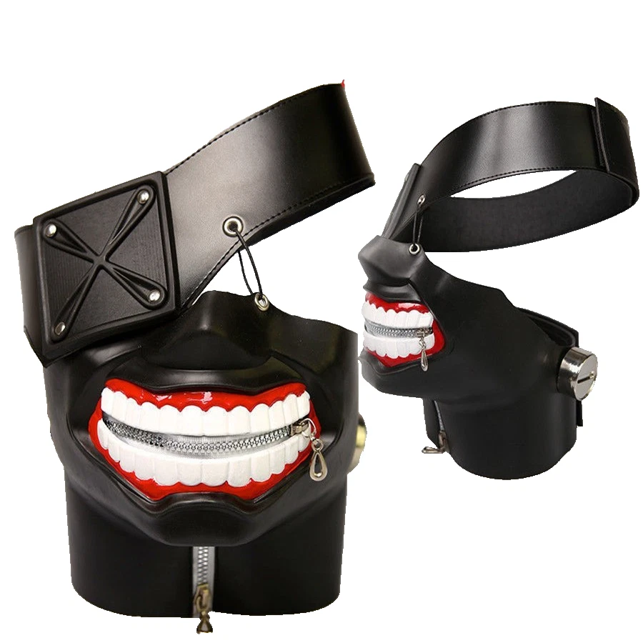 Maschera Tokyo Ghoul Kaneki Ken Cosplay Halloween in pelle nera con zip Bocca - Immagine 1 di 4