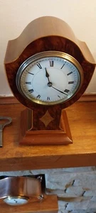 ANTIQUE JAPY FRERIS MAHOGANY& SATINWOOD MANTLE CLOCK INLAID FRENCH ENAMEL FACE - Picture 1 of 20